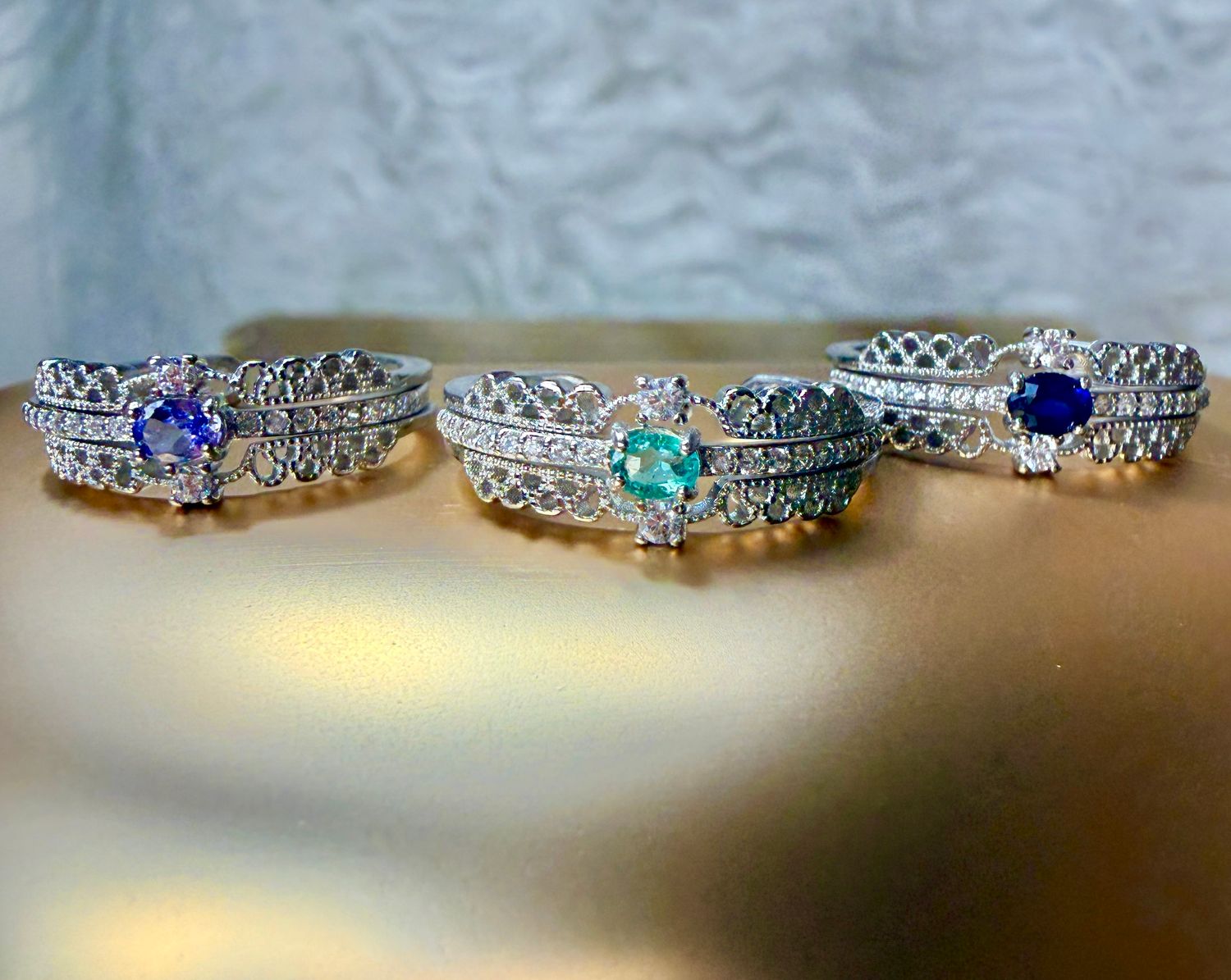 Convertible Tanzanite, Blue Sapphire and Green Emerald Silver Rings