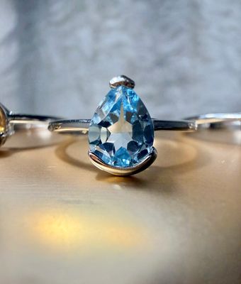 Teardrop Blue Topaz, Citrine and Clear Quartz Adjustable Silver Rings