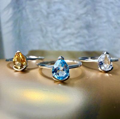 Teardrop Blue Topaz, Citrine and Clear Quartz Adjustable Silver Rings