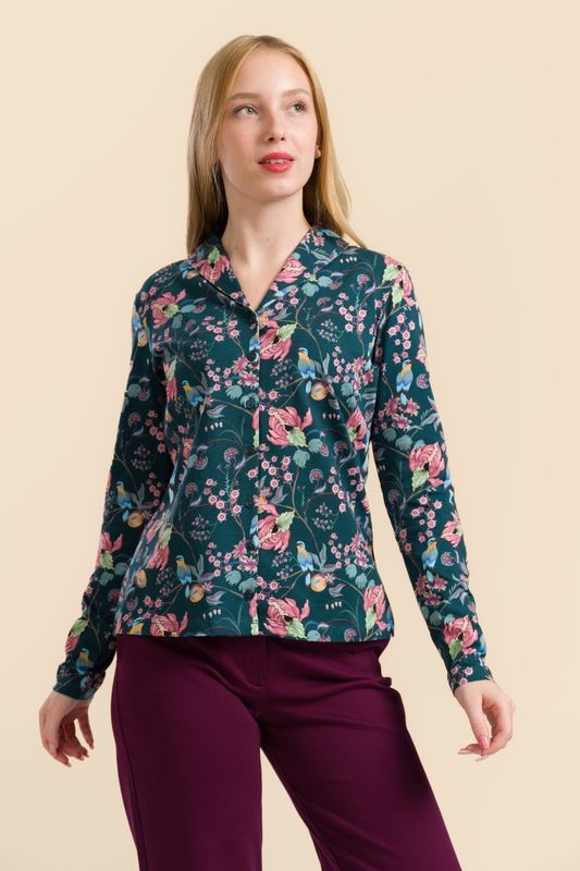 Lalamour Bluse Lalamour Bluse "Iris" petrol/rosa gemustert Vögel