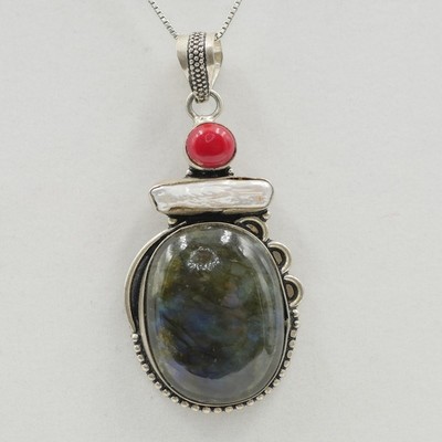 Labradorite, Pearl, and Red Coral Pendant Labradorite, Pearl, and Red Coral Pendant
