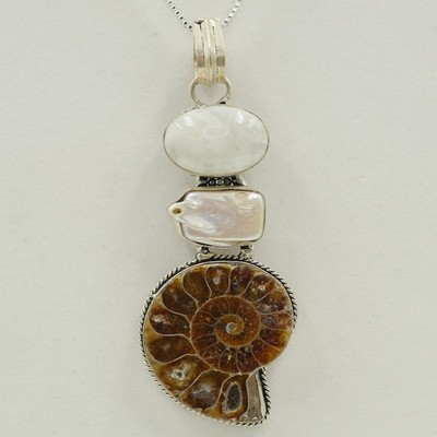 Ammonite Fossil with Moon Stone and Pearl Ammonite Fossil with Moon Stone and Pearl