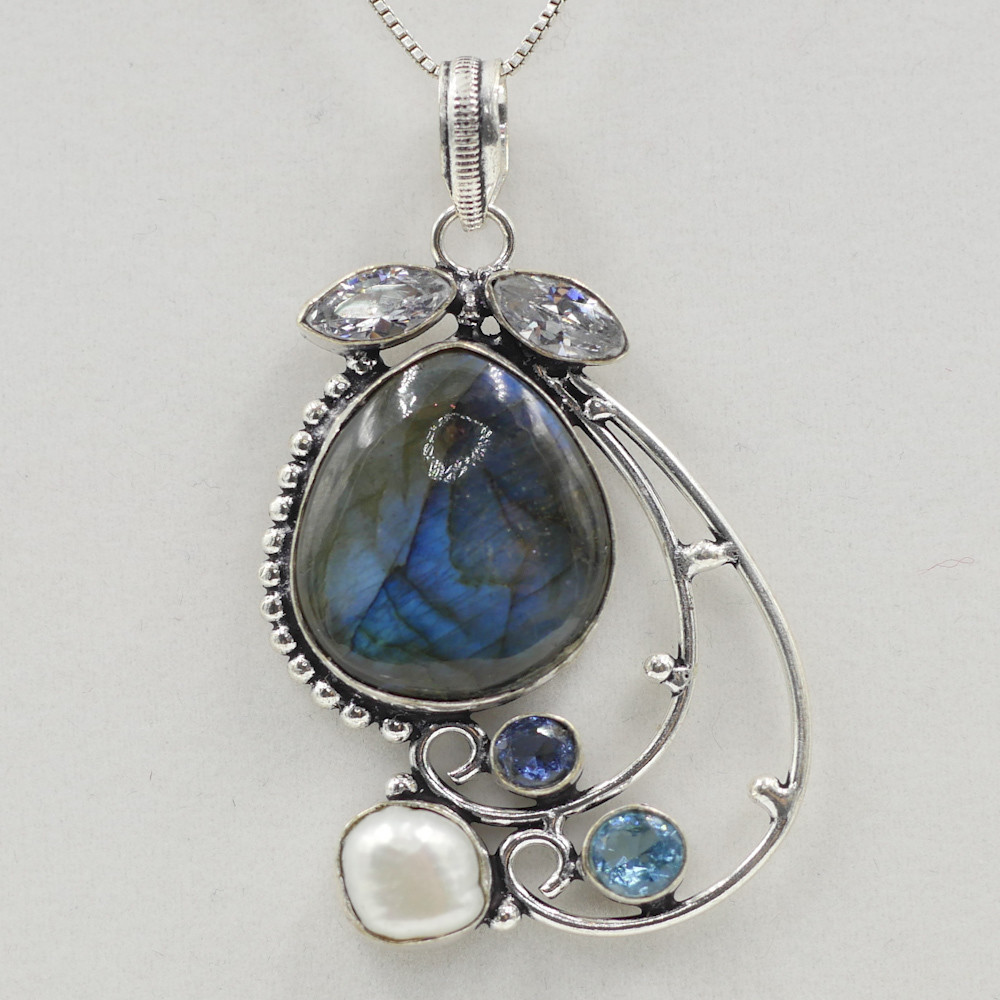 Labradorite, Aquamarine, Pearl, and Quartz Pendant Labradorite, Aquamarine, Pearl, and Quartz Pendant