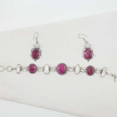 Rubellite with Pearl and Moon Stone Bracelet & Earring Set Rubellite with Pearl and Moon Stone Bracelet & Earring Set