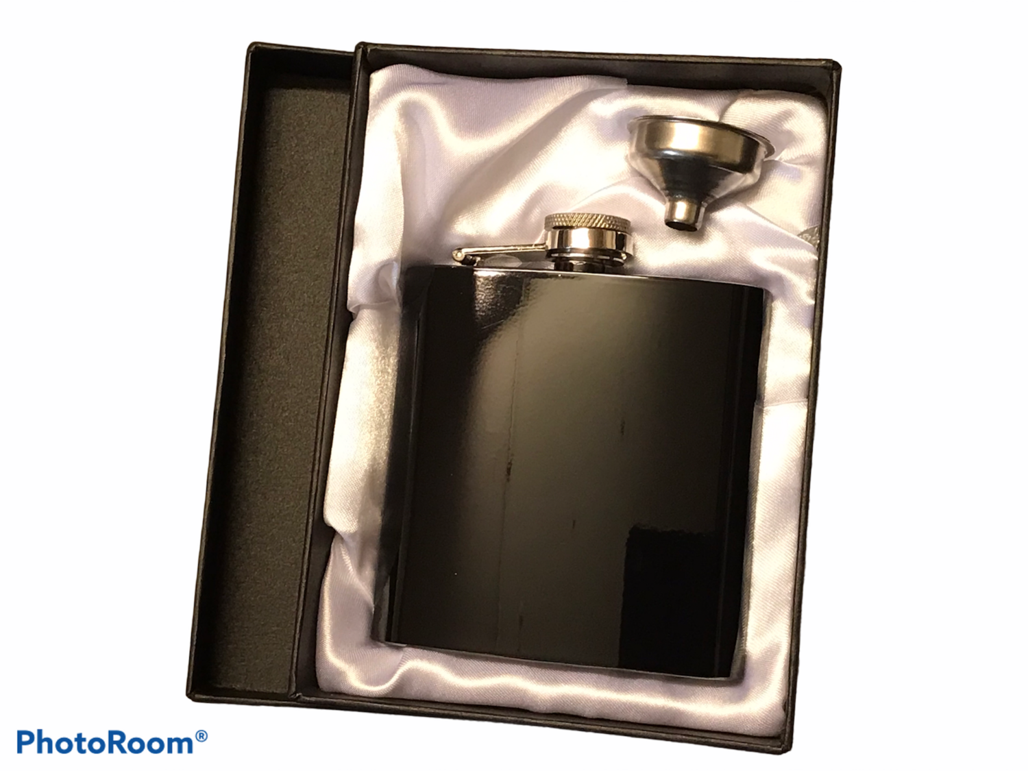 6oz Shiny Black Hip Flask with Gift Box and Funnel