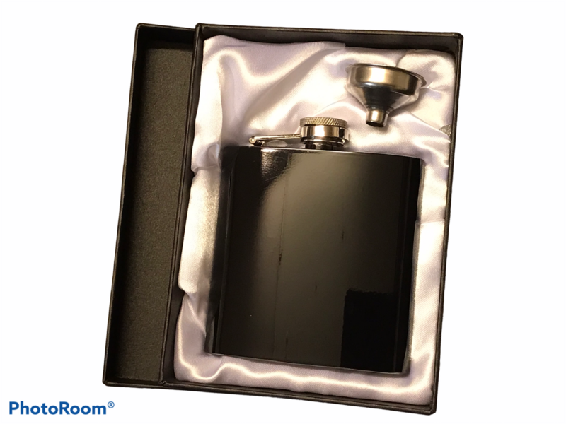 6oz Shiny Black Hip Flask with Gift Box and Funnel