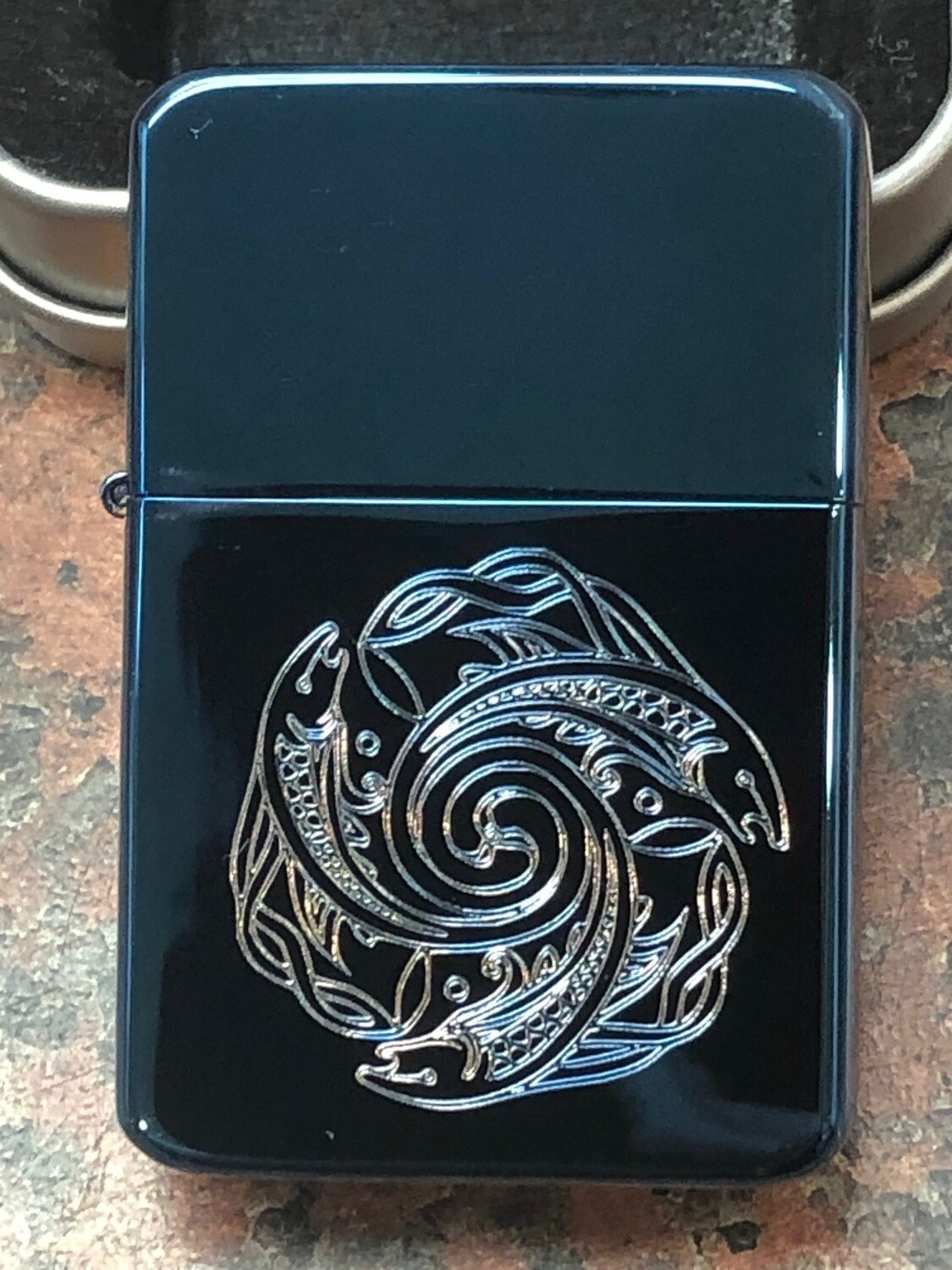 Celtic Fish Design Lighter, Blue Ice Finish