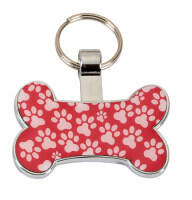 Bone shape Pet Tag Red &amp; White paw prints 35mm wide FREE ENGRAVING