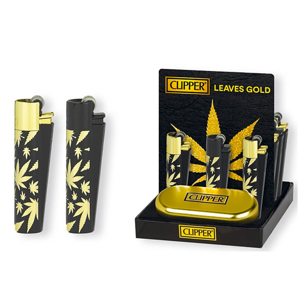 Gold and Black Leaf Metal Clipper Lighter In Gift Tin