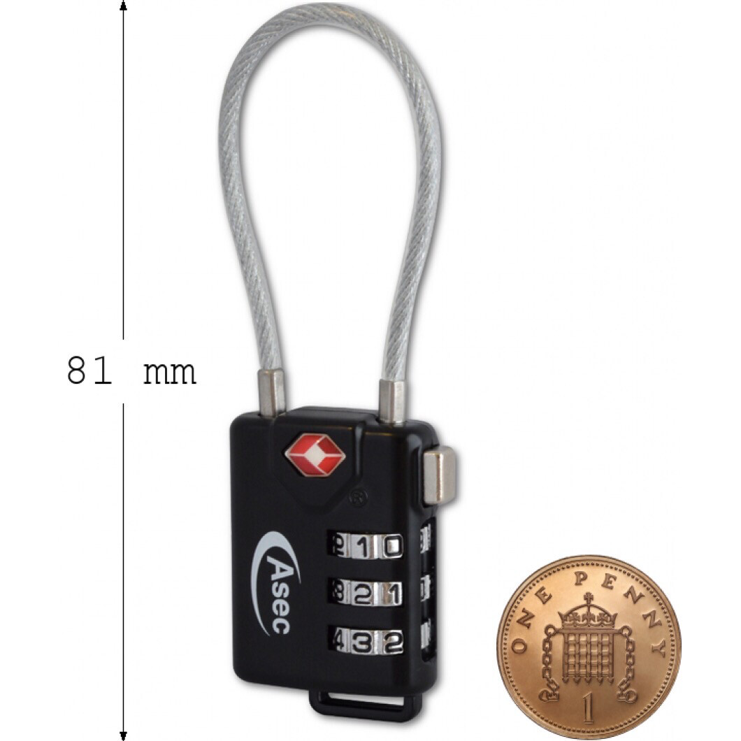 Asec - TSA Travel Lock - 3 Pin Combination Lock With Cable 