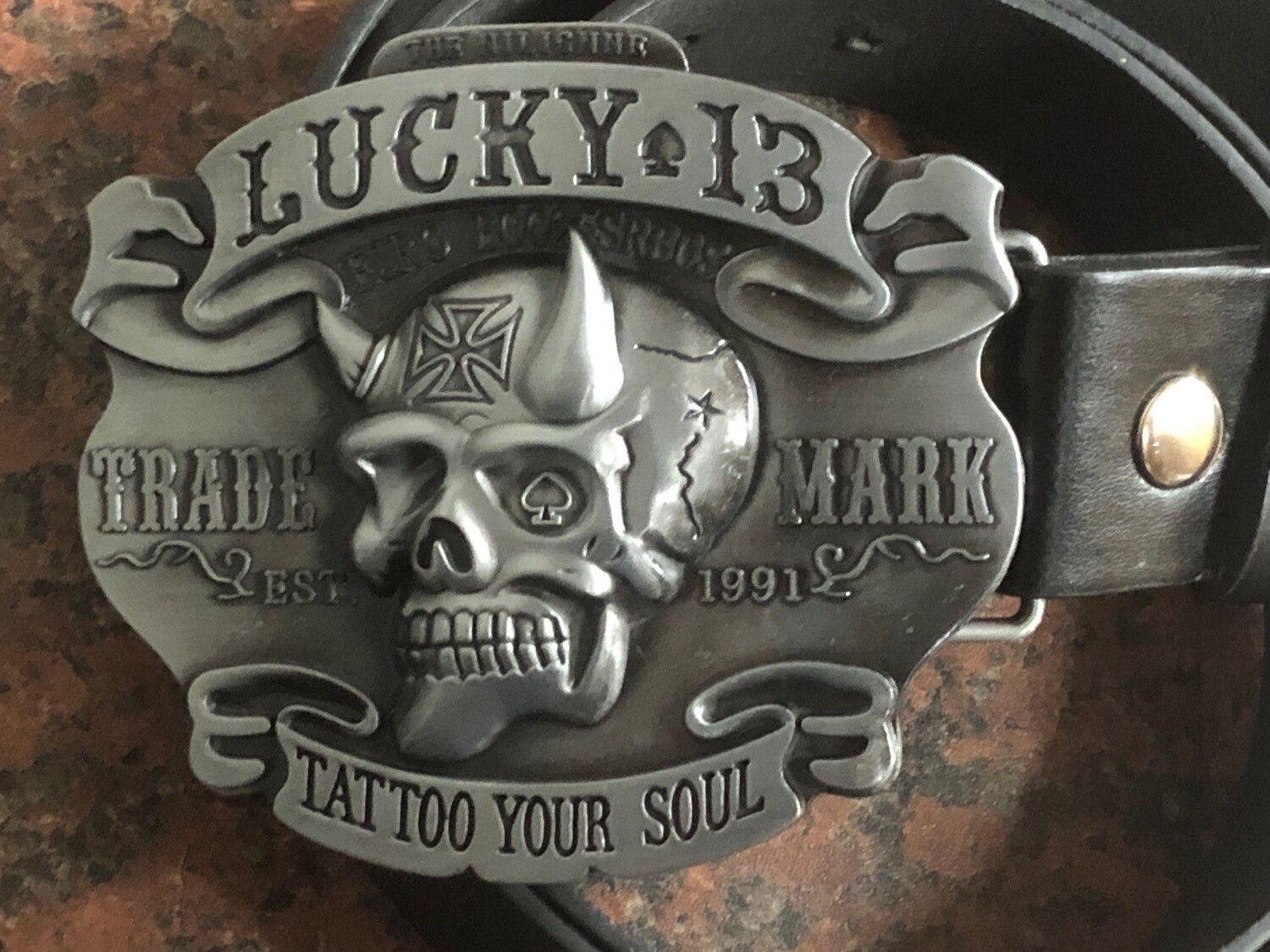 LUCKY 13 Logo buckle with belt Tattoo Your Soul skull design