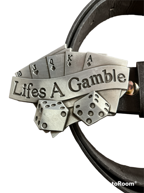 Life&#39;s A Gamble Belt Buckle with Belt gambling poker cards dice