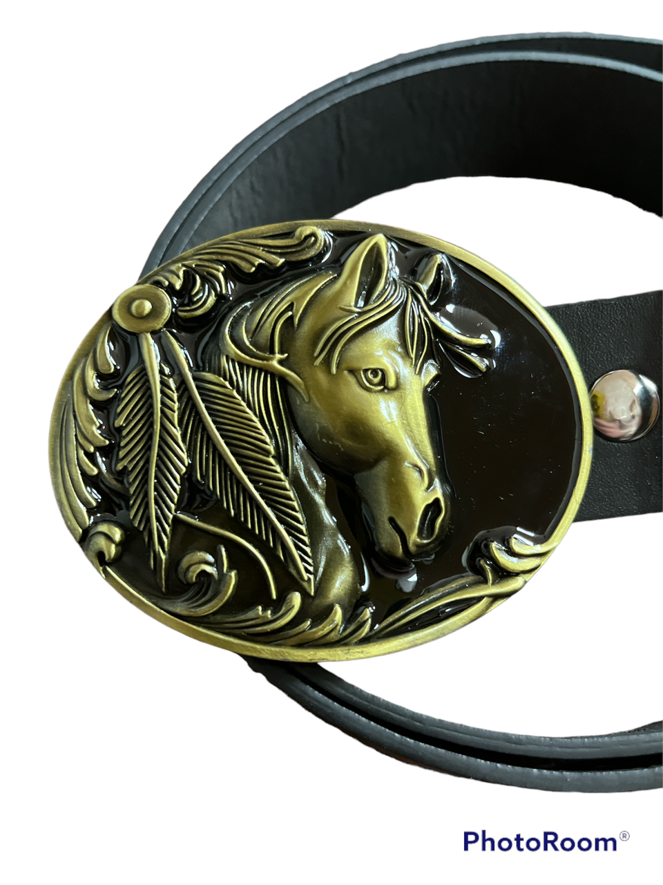 HORSE Belt Buckle with belt gold western style oval with feathers design