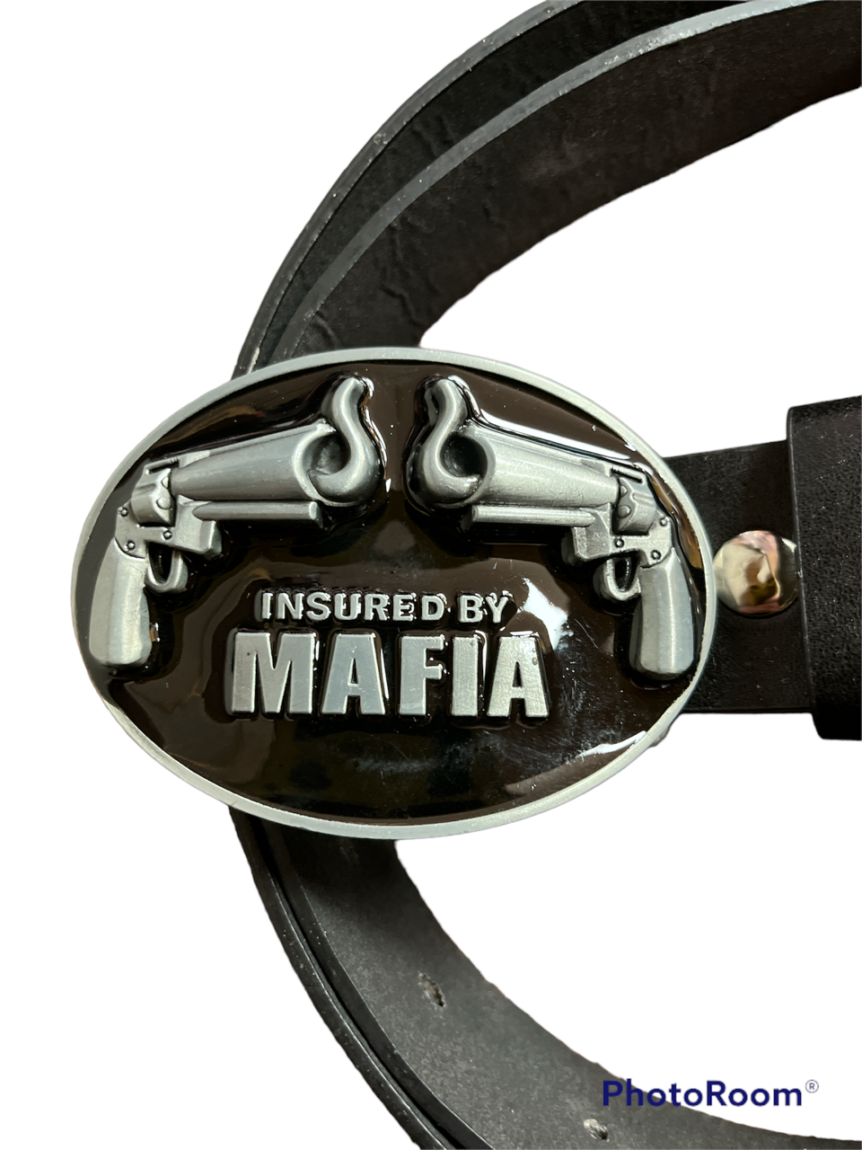 Insured by MAFIA Belt Buckle with belt Mobster smoking guns