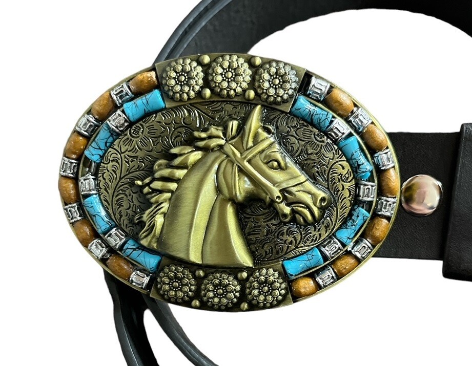 Metal Horse Buckle with belt Native American Indian style Gold