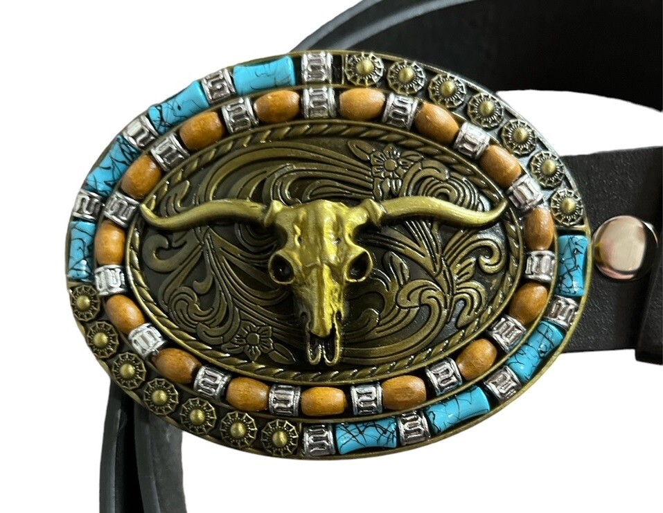 Longhorn Bull Buckle with belt Native American Indian style Gold metal