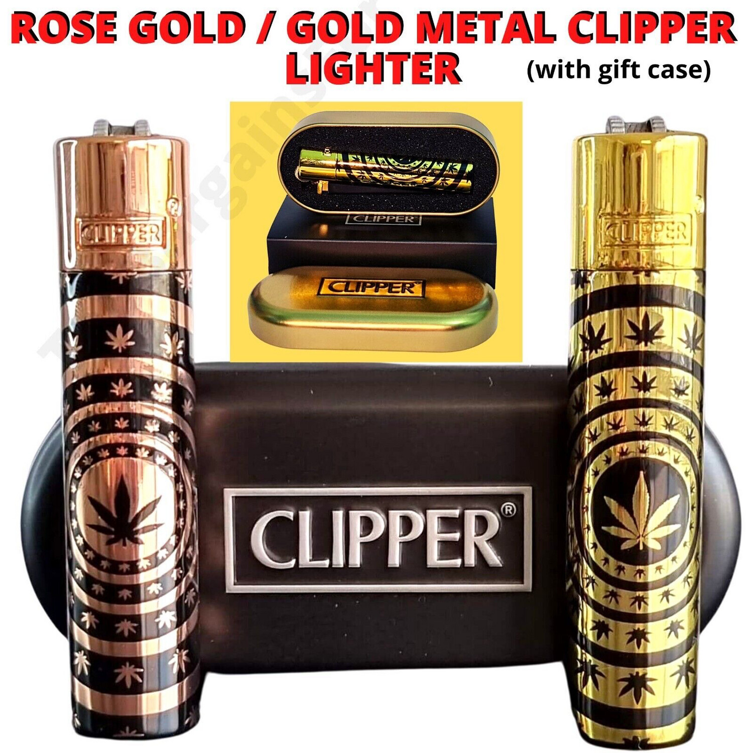 Gold/Rose Gold Spiral Leaf Pattern Metal Clipper Lighter In Gift Tin