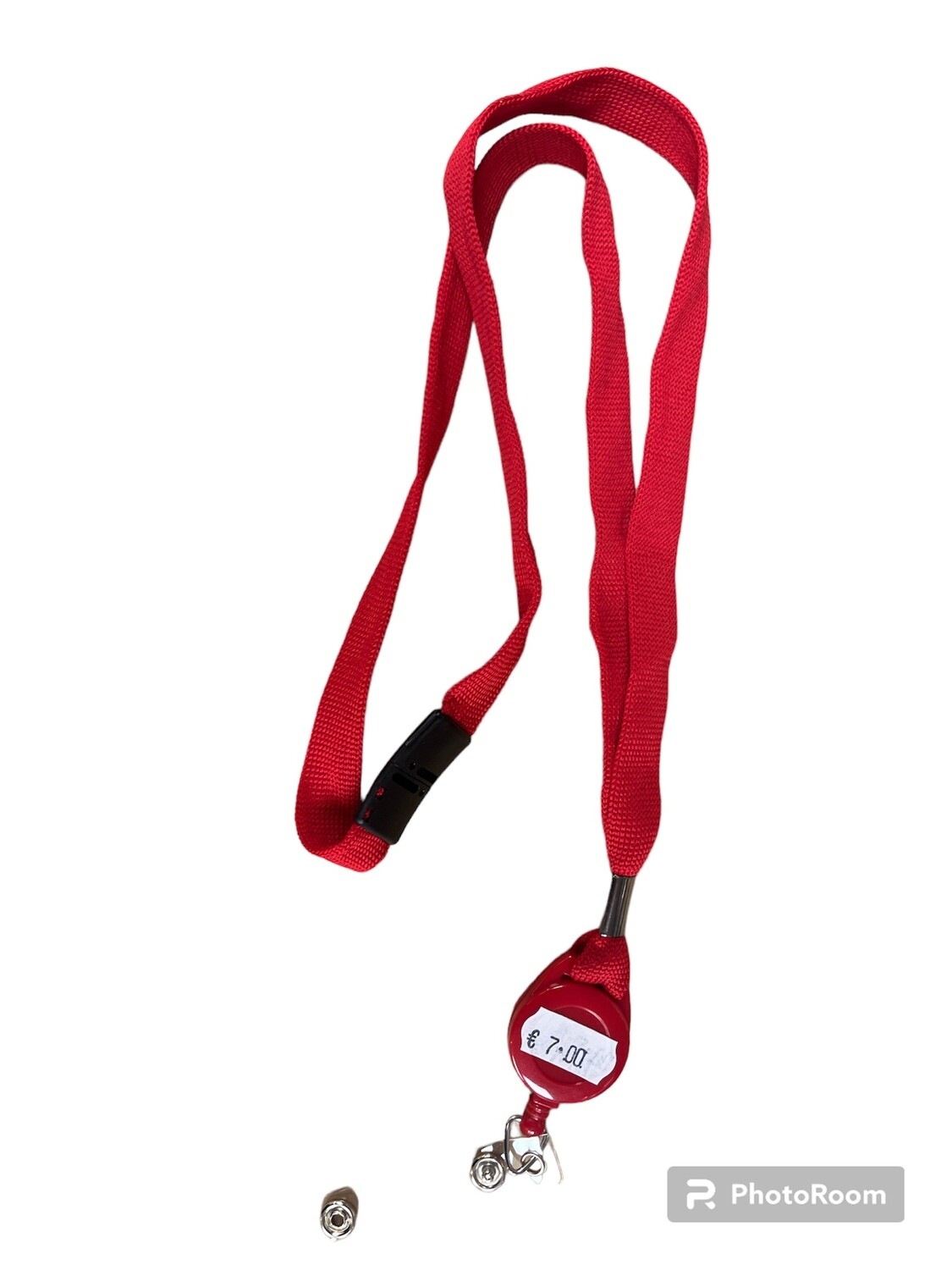 LANYARD with built in Retractable Key Chain with Nylon Rope Recoil and button clip for ID = RED