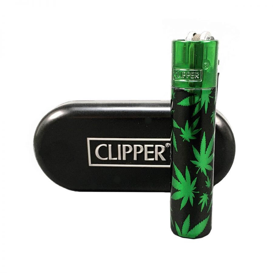 Green/Black Leaf Pattern Metal Clipper Lighter In Gift Tin original