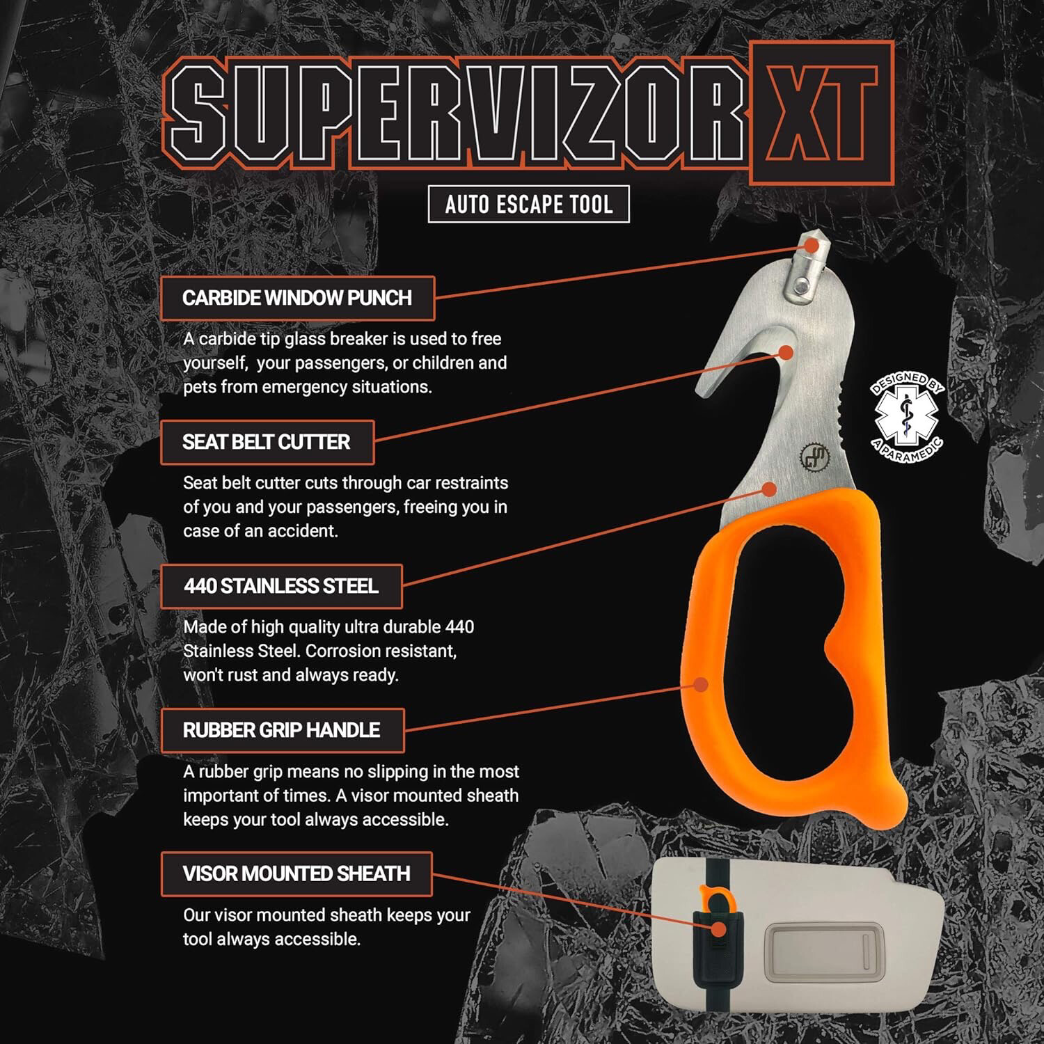 StatGear - SuperVizor XT , Auto Emergency Rescue Escape Tool - Seatbelt Cutter &amp; Window Glass Breaker
