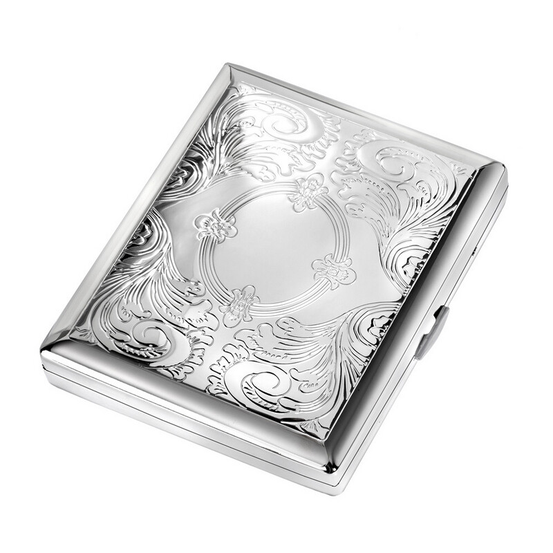 TASMAN Ornate Metal Cigarette Case with Gift Box, Chrome Floral Design