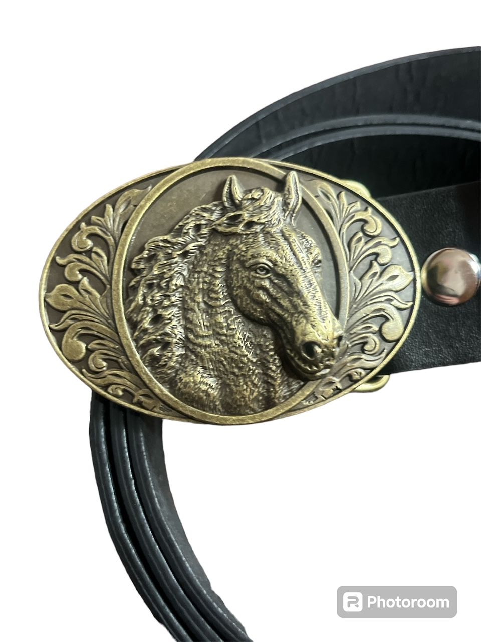 HORSE Belt Buckle with belt gold western style oval detailed design