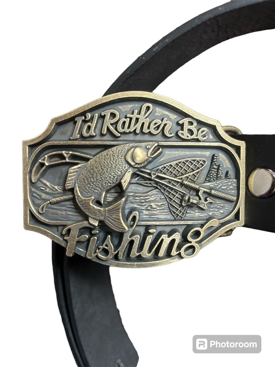 I'D RATHER BE FISHING buckle with belt Western style Fisherman gold design