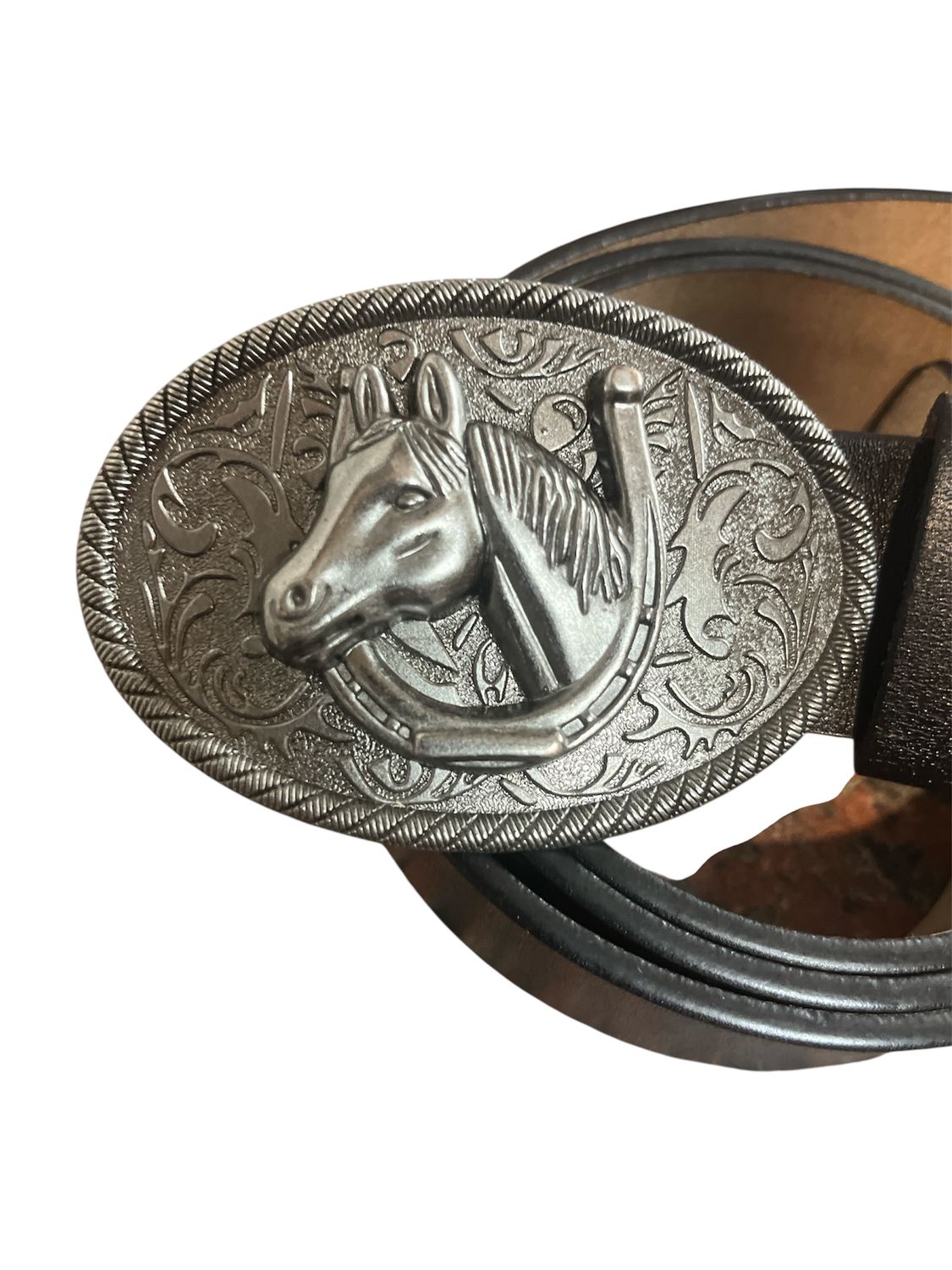 HORSE Belt Buckle with belt western style oval Horse Shoe design