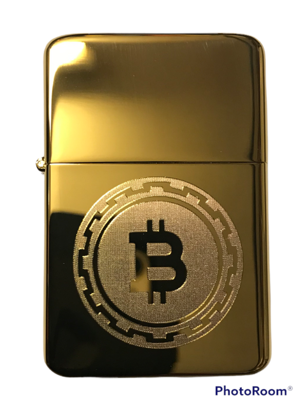 Cryptocurrency BTC Bitcoin Grid Design Lighter, Polished Gold/Brass Finish