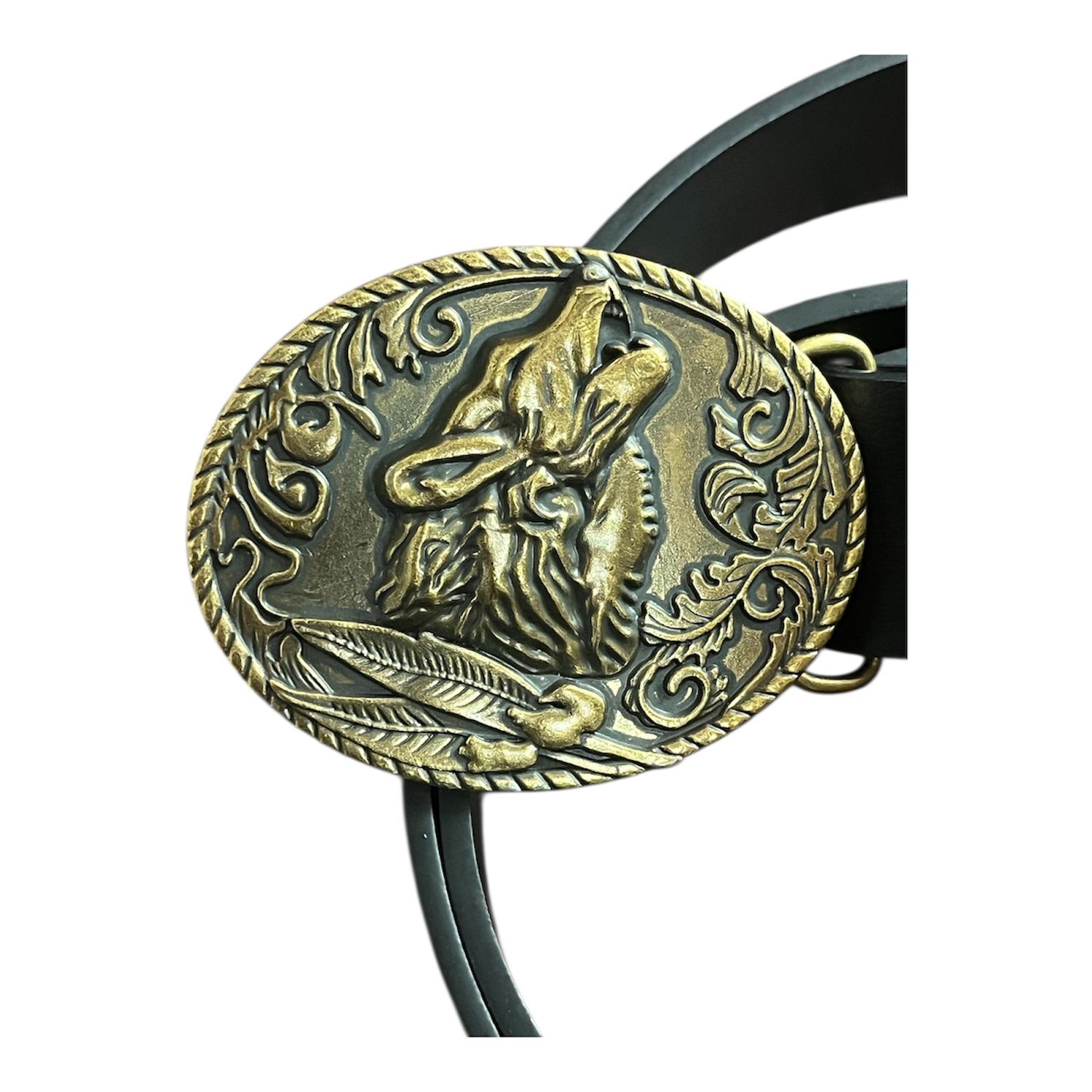 WOLF Howling buckle with belt Western Oval gold design