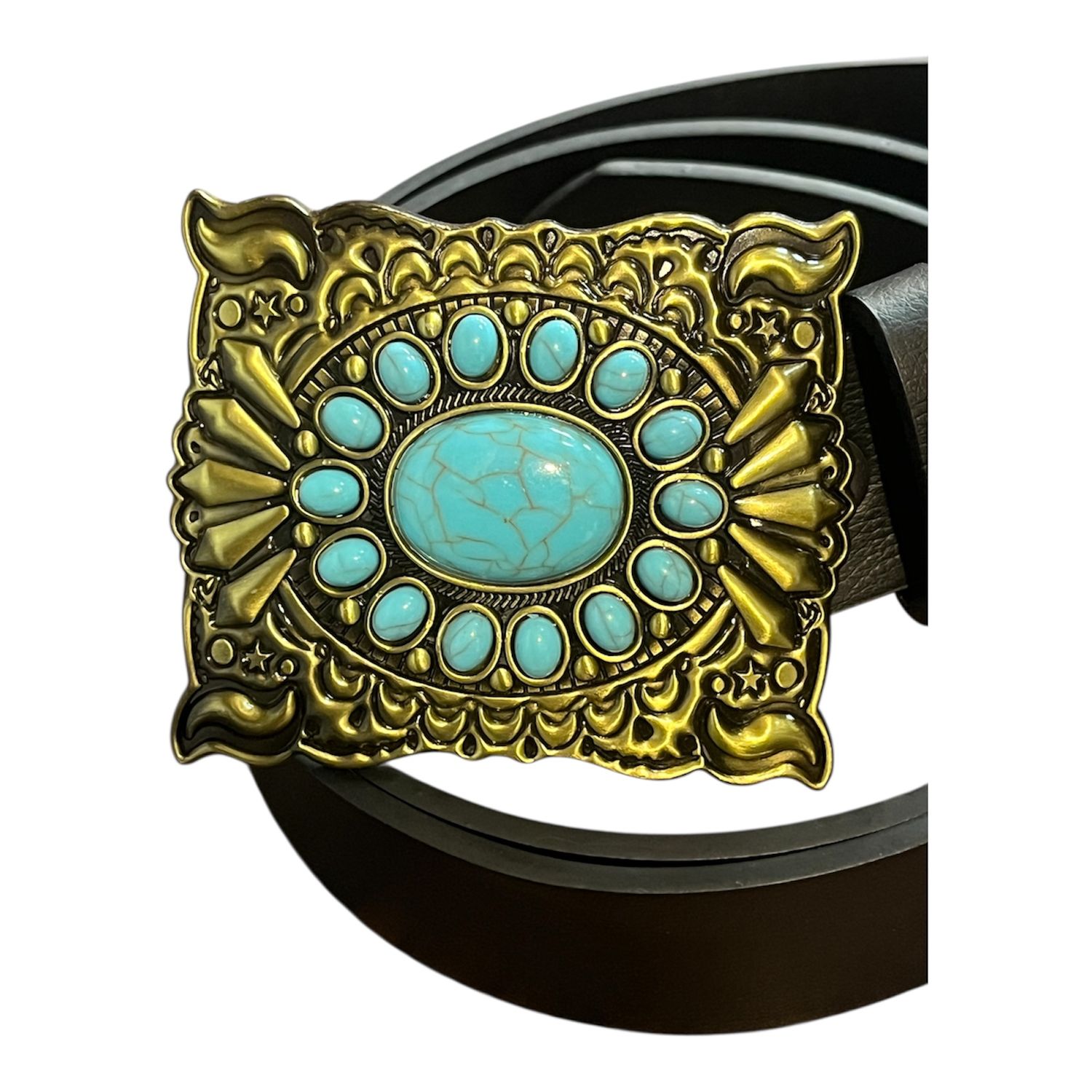 Navajo Turquise buckle with belt Western cowboy gold Native American design