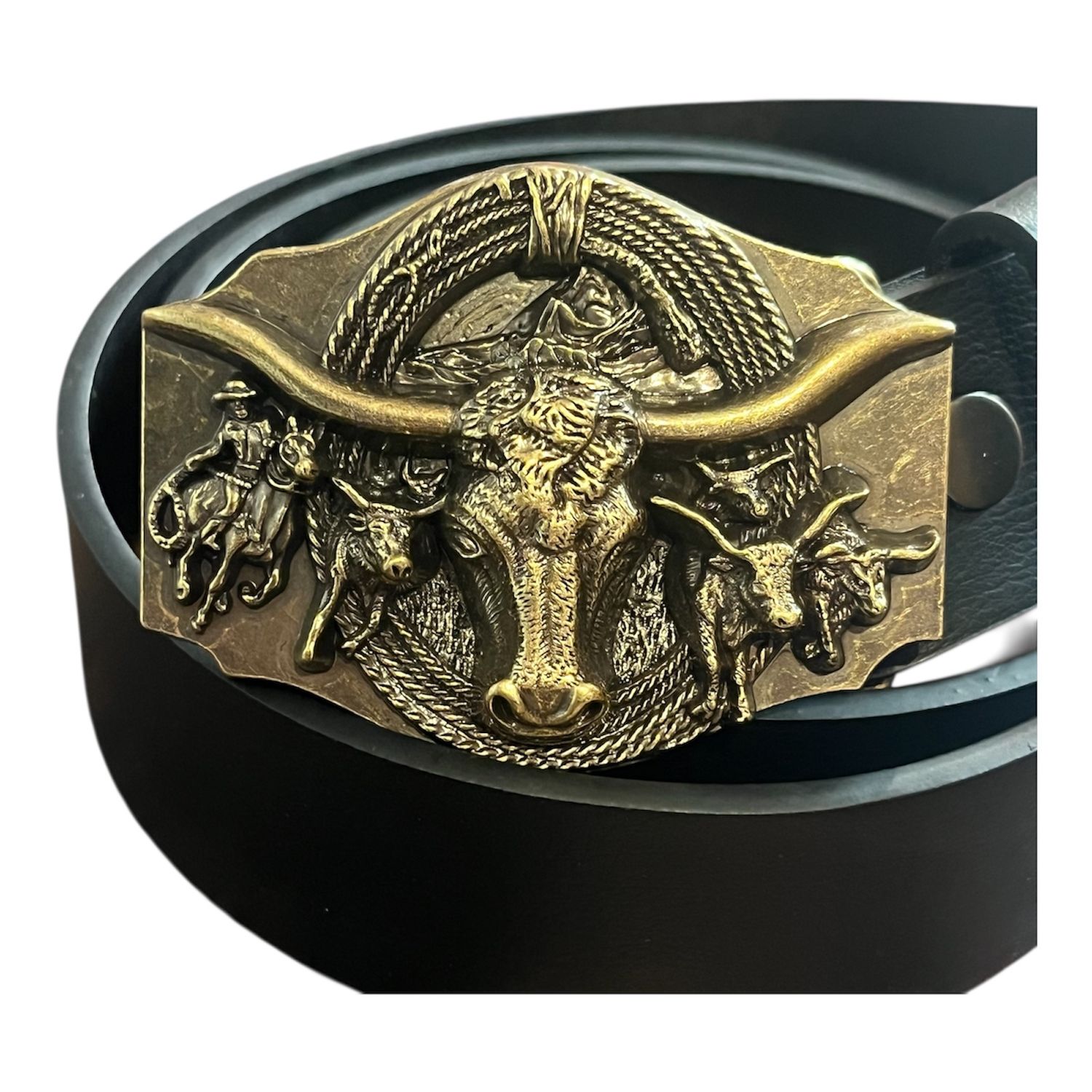 Longhorn Bull buckle with belt Western cowboy gold rope design
