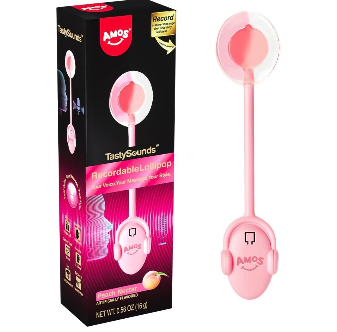 Amos TastySounds Recordable Lollipop Peach Flavor