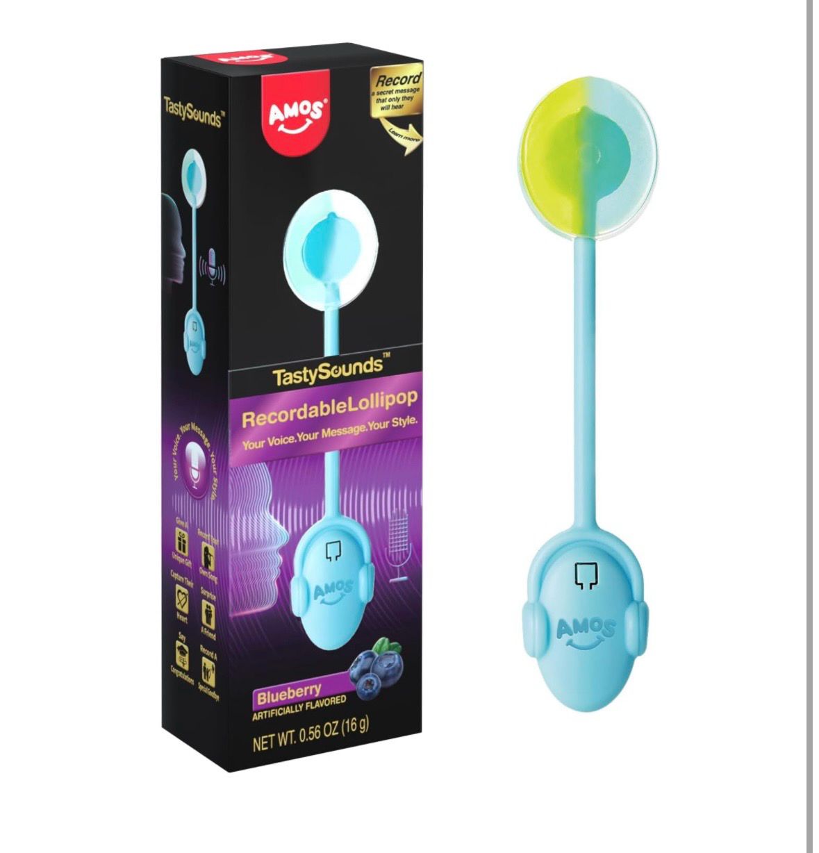 Amos TastySounds Recordable Lollipop Blueberry Flavor SKU 00034