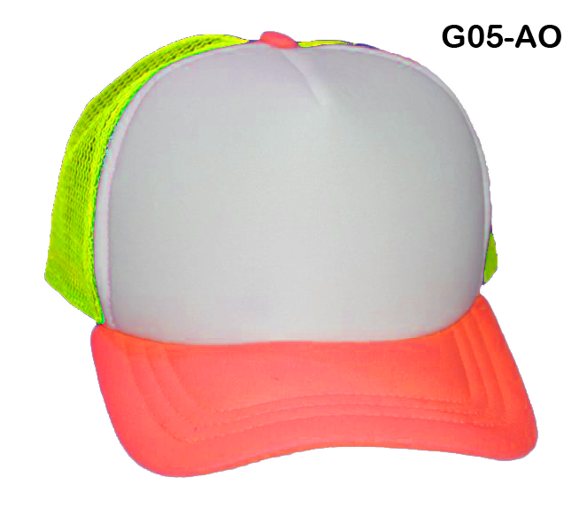 Gorra de malla amarilla, frente blanco y visera naranja