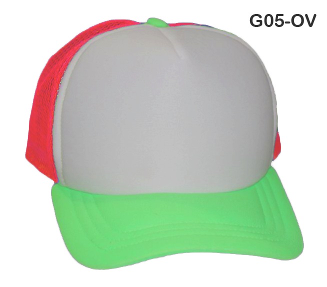 Gorra de malla naranja neon, visera verde frente blanco