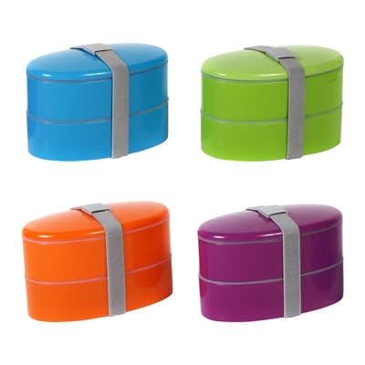 Contenedor de alimentos con 2 compartimentos, banda elástica sujetadora de tapa y cubiertos