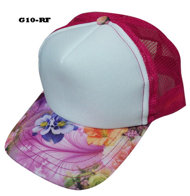 Gorra de malla rosa neón, frente blanco y visera floreada