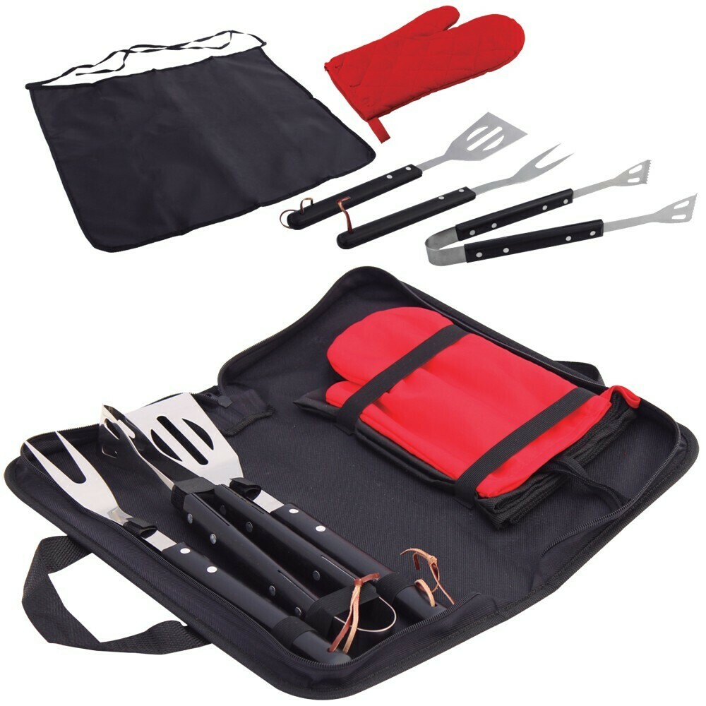 KIT BBQ 3 UTENS+MANDIL+GUANTE SUN NEG