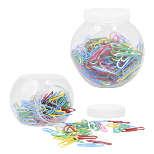 Porta clips cilíndrico de plástico.