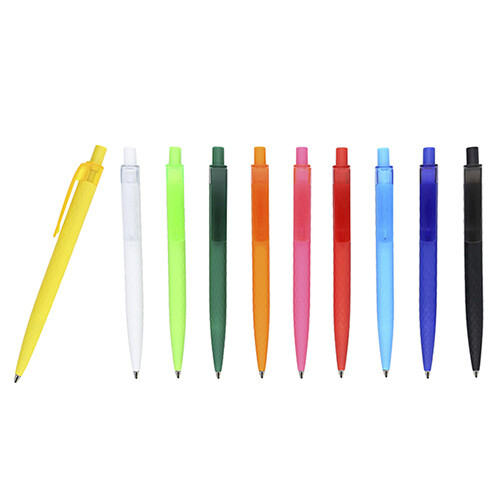 Bolígrafo de plástico con clip transparente.