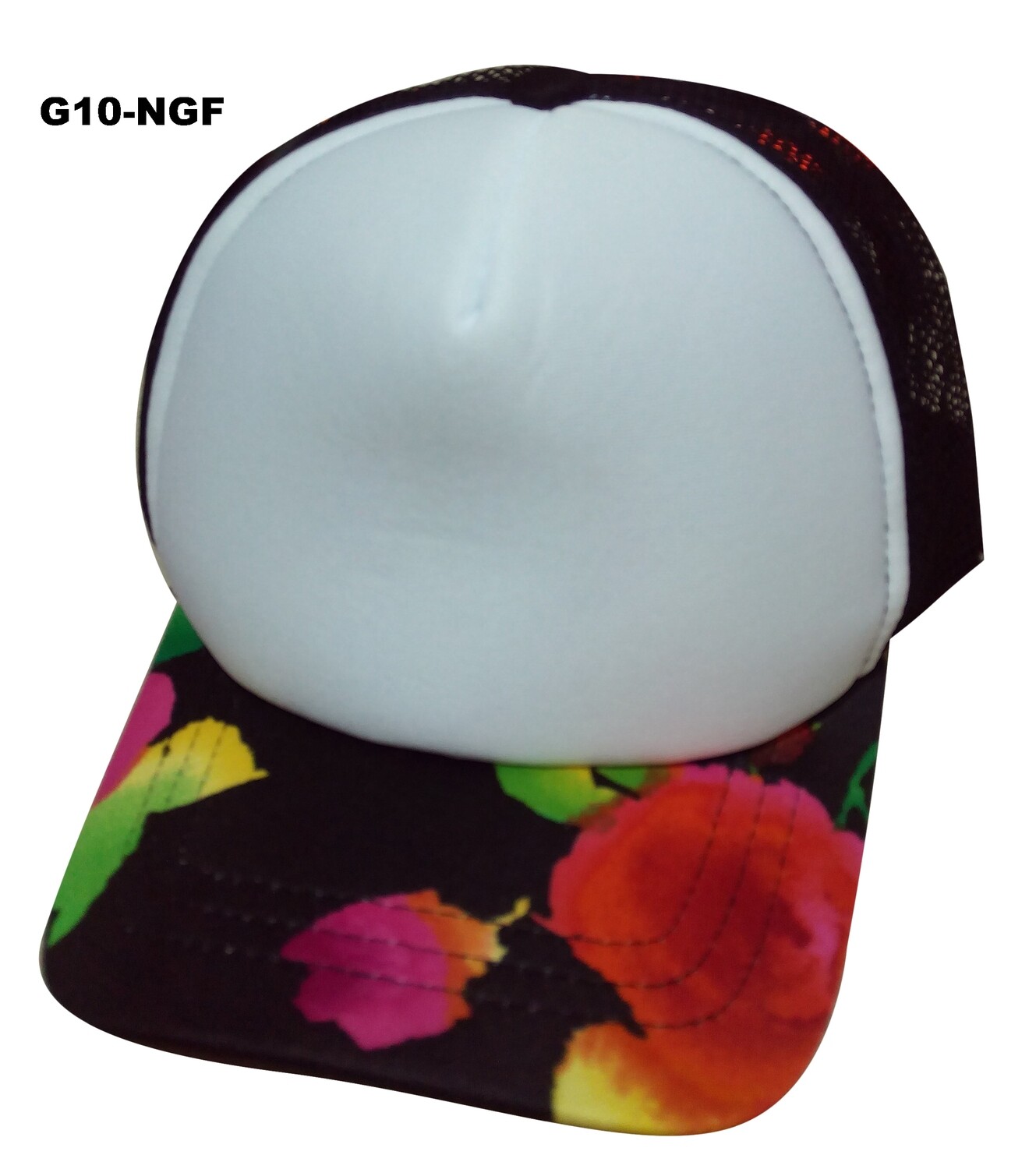 Gorra de malla negra con frente blanco y visera floreada