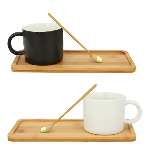 Taza de cerámica con cuchara de acero inoxidable y base de madera TILA