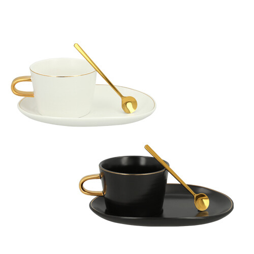 Taza de cerámica con cuchara de acero inoxidable y plato de cerámica CHIP