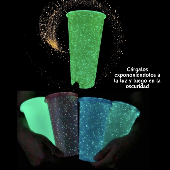 Vaso que brilla en la oscuridad LUMINOSO con tapa y popote (COLORES VARIADOS)
