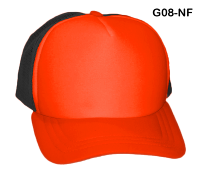 Gorra de malla negra con frente y visera naranja neón