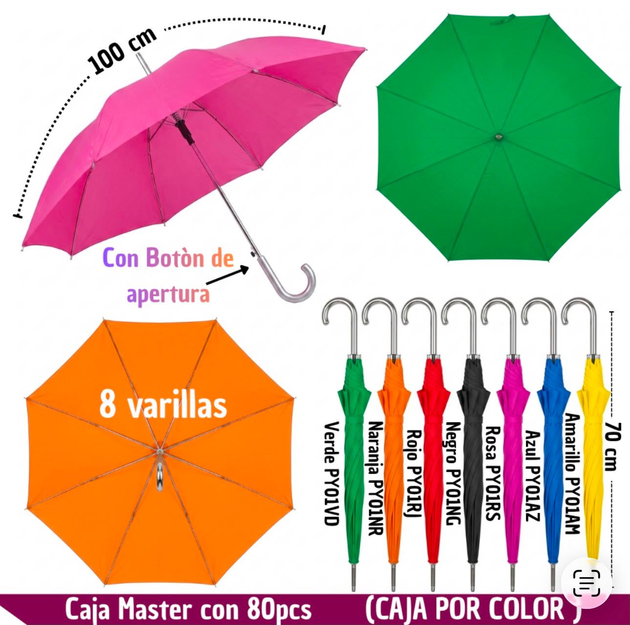 Paraguas por color 8 varillas  (Se vende por caja cerrada de 80 piezas)