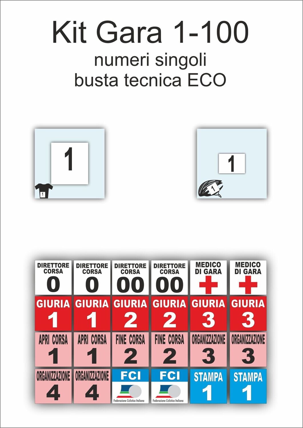 Kit Gara, Seleziona il Kit più adatto alla tua gara!: Numeri Dorsali 1-100 + Numeri casco 1-100 + Busta Tecnica Eco