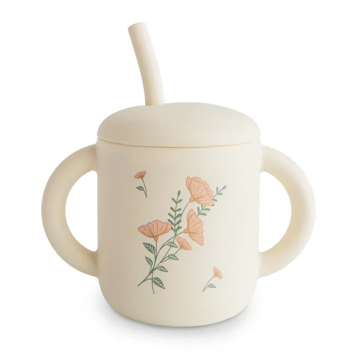 Cup Straw Pink Flowers