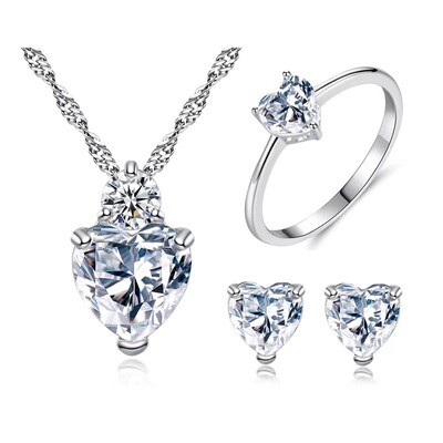 18K white gold plated heart shape necklace earring diamond jewelry set